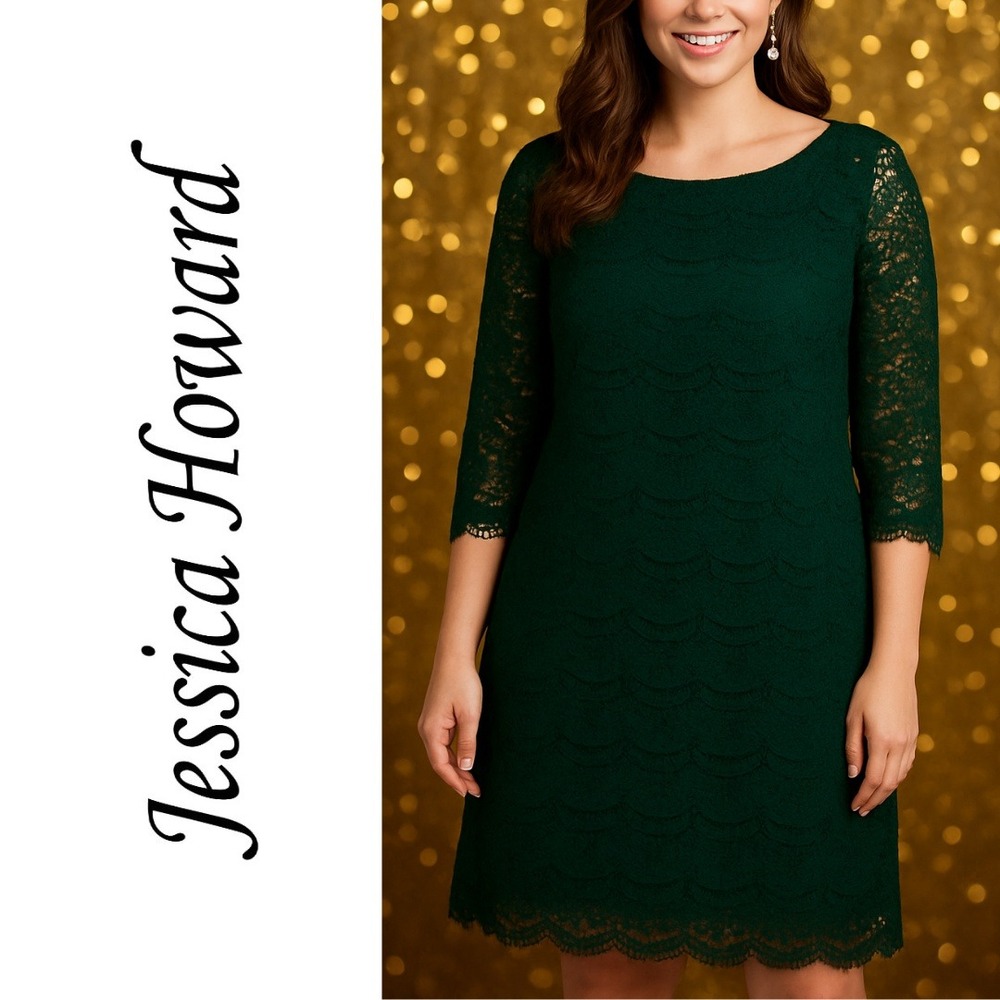Jessica Howard, Emerald Green Lace Dress 3/4 Sleeve Boat Neck Size‎ 14